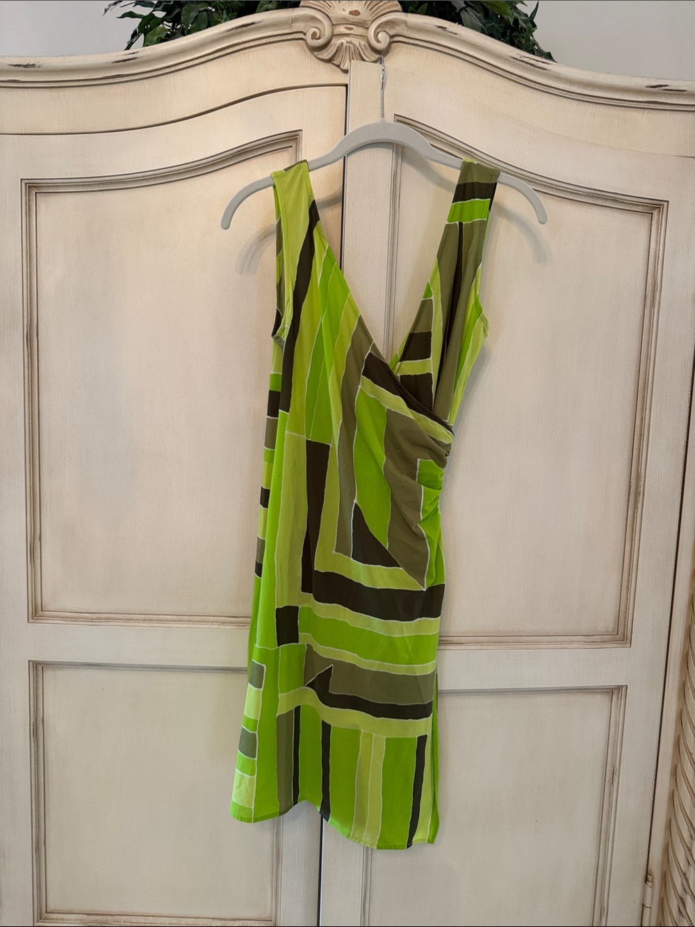 Green Geometric Wrap-Front Women's Dress